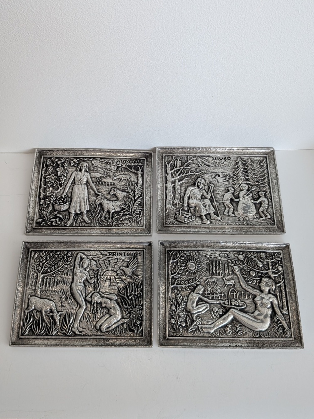 Vintage French Four Seasons Pewter Wall Plaques Set of 4 Metal Bas Relief Art